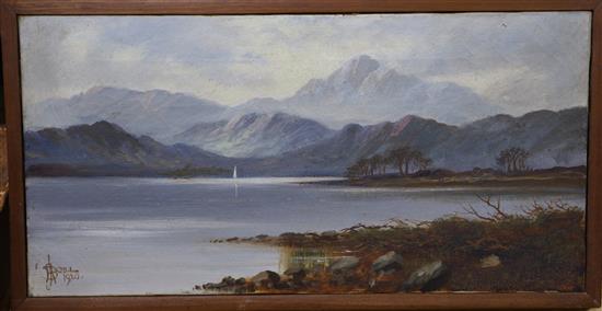 J.A. Boel, oil on canvas, Loch scene, signed and dated 1910, 20 x 40cm.